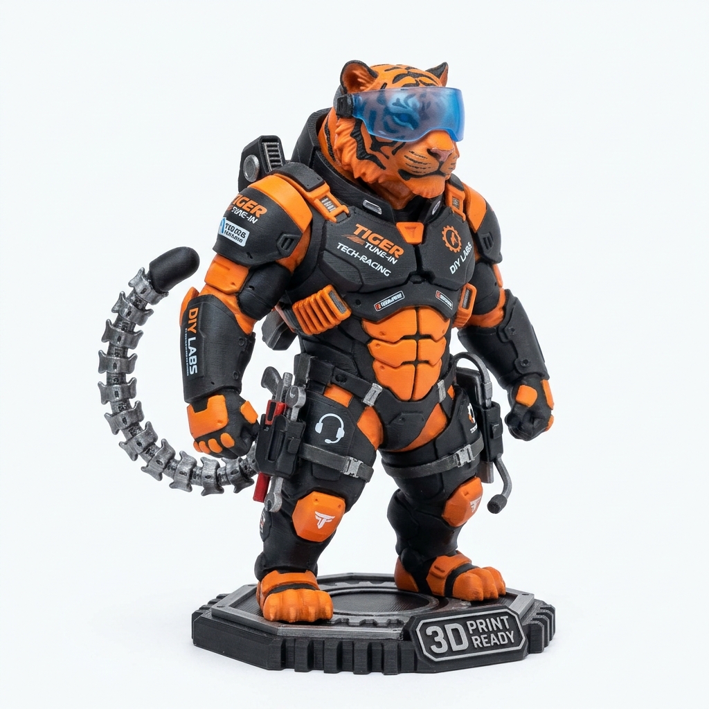 Mascotte tigre TigerTuneIn en armure techno