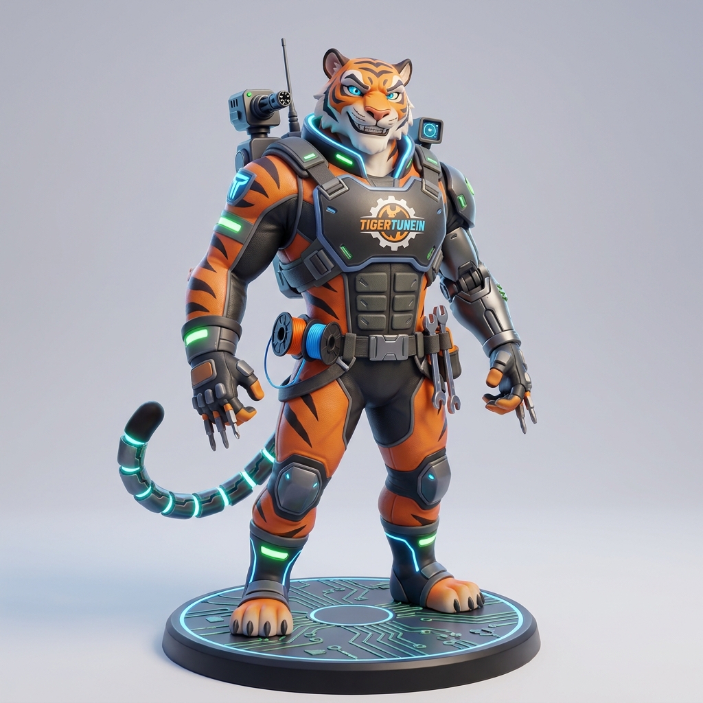 Mascotte tigre futuriste sur socle